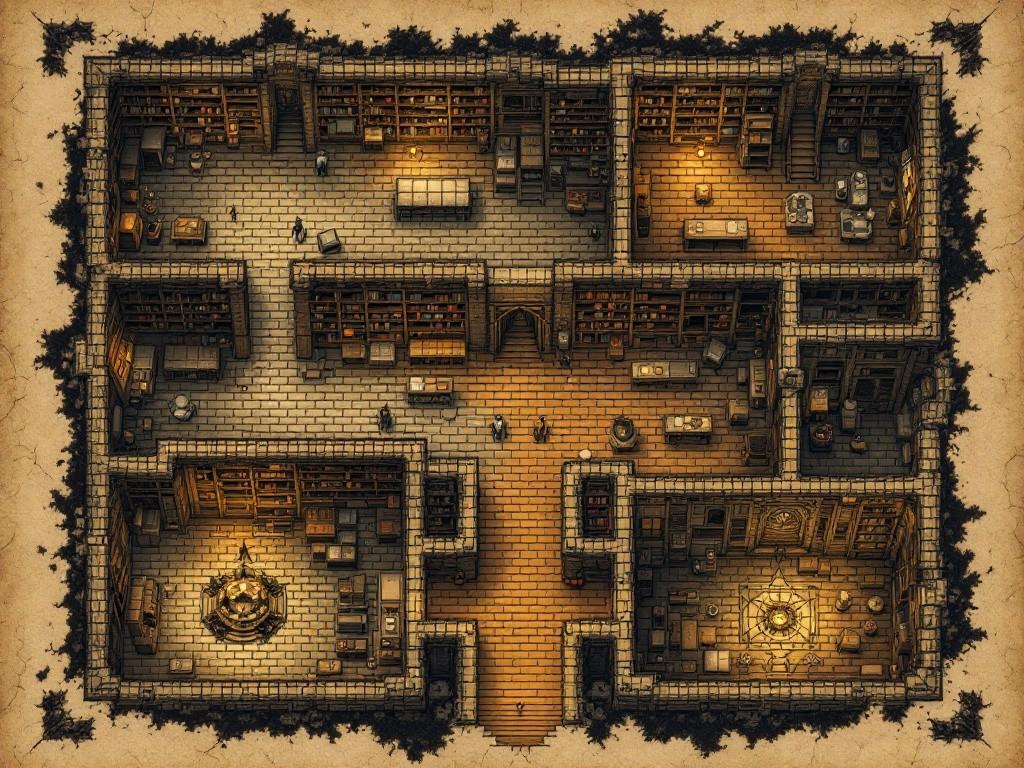 Detailed isometric map of The Dusty Tome bookshop, showing three levels. TOP FLOOR: Maze-like bookshelves, reading nooks, Hayes’s office. HIDDEN LEVEL: Secret archive, ritual preparation room. BASEMENT: Ancient chamber with altar and void tear. Include reality-warped areas, floating book hazards, and void corruption zones. Style: Classical D&D dungeon map with eldritch horror elements, detailed Victorian architecture, reality distortion indicators, void energy markings.