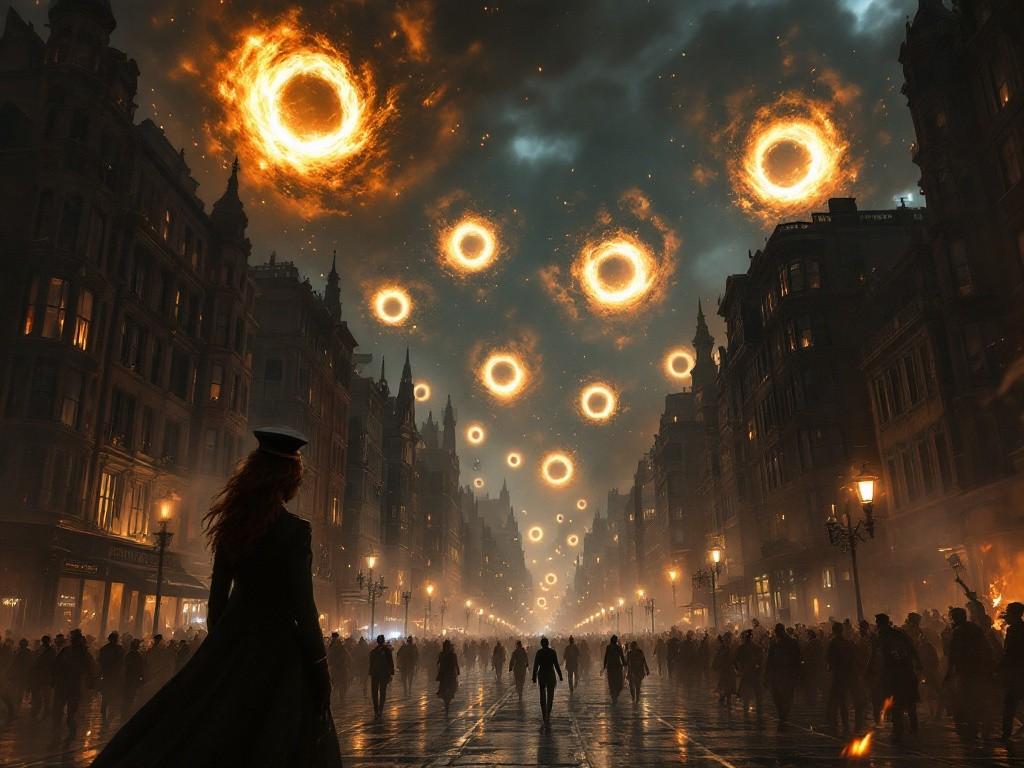 A Victorian cityscape at night, buildings ablaze, with multiple void tears hovering in the sky. Panicked citizens flee through the streets while void-corrupted beasts emerge from the tears. In the foreground, Captain Marina directs evacuation efforts. Style: Dark urban fantasy, dramatic lighting from fires, void energy effects, crowd dynamics.