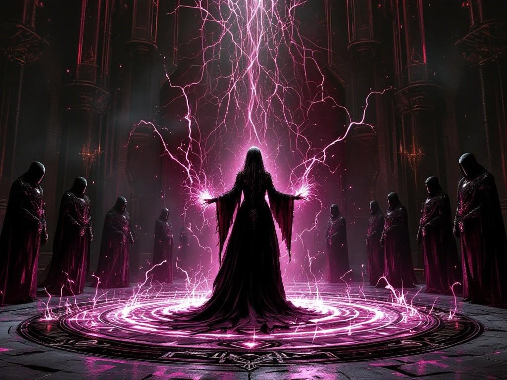 Lady Ravencrest stands in her manor’s ritual chamber, void-touched and elegant in noble attire, channeling dark energy through a massive ritual circle. Behind her, void-corrupted guards stand ready while reality warps around the edges of the room. Style: Gothic horror, aristocratic elements, void corruption, magical effects.