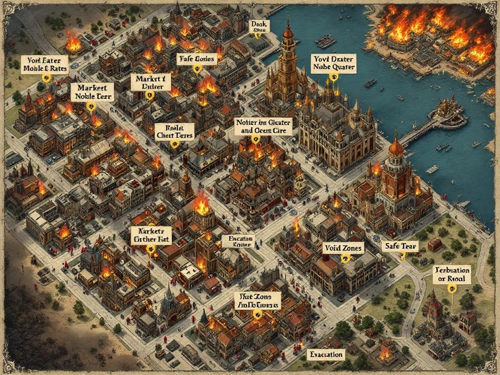 Detailed city map showing three major districts (Market, Noble Quarter, Docks) with evacuation routes, ritual nodes, and void tear locations. Include burning buildings, safe zones, and emergency response points. Highlight noble estates, dock areas, and critical locations (hospital, school, market square). Style: Classical D&D city map with disaster elements, void corruption markers, evacuation path indicators, and defensive positions. Include compass rose and legend.