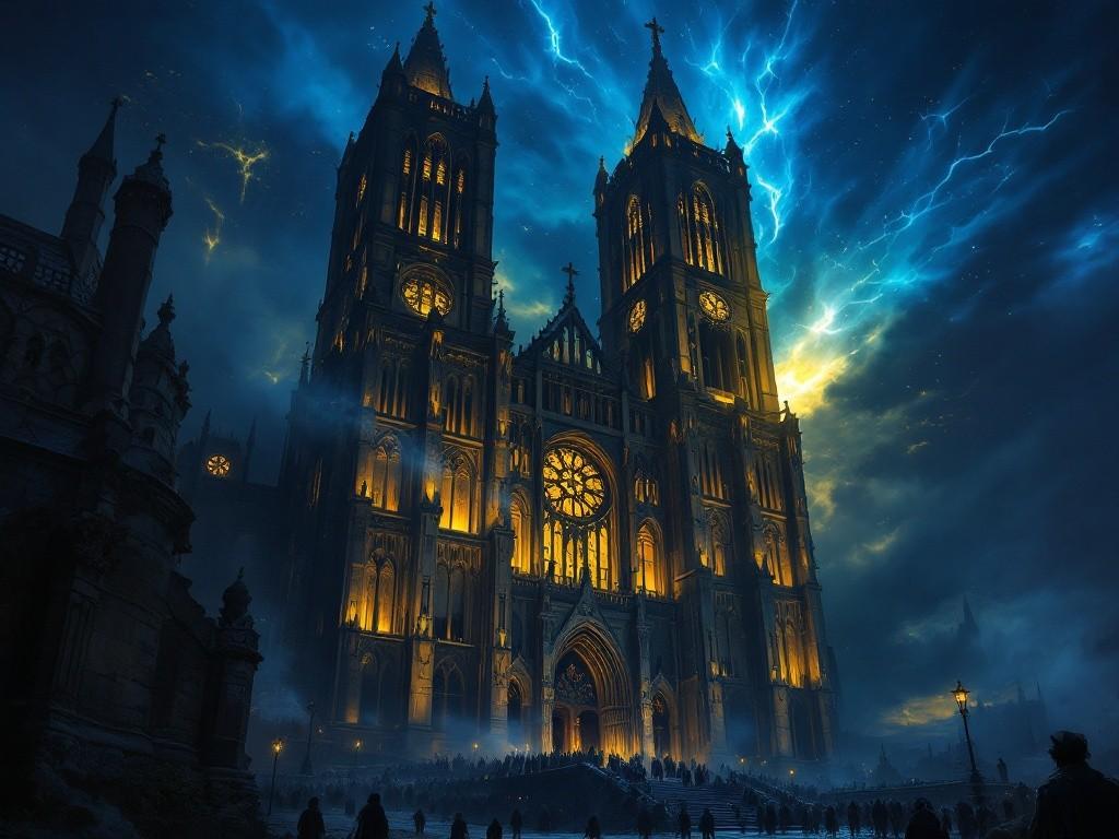 St. Bernard’s Cathedral at night, massive gothic architecture illuminated by void tears in the sky. Sacred barriers of golden light protect refugees while void-touched nobles perform a dark ritual in the bell tower. Style: Gothic horror, dramatic lighting, magical effects, architectural detail.