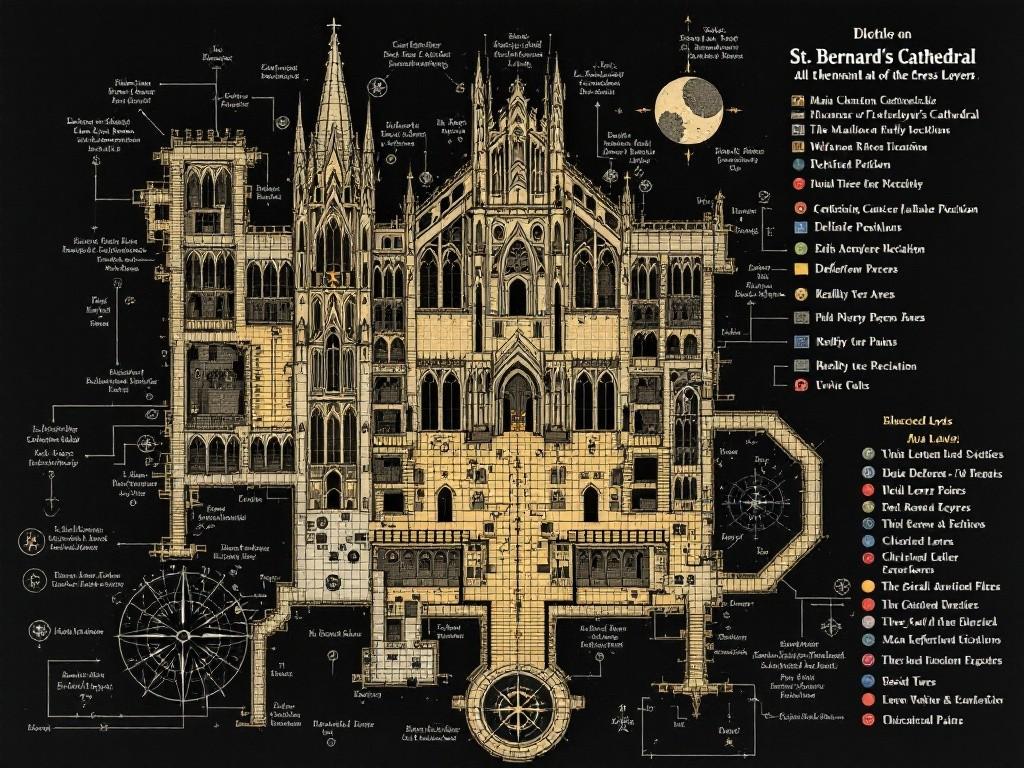 Detailed cross-section map of St. Bernard’s Cathedral showing all three levels (main cathedral, bell tower, crypts). Include defensive positions, ritual locations, refugee areas, and reality tear points. Style: Classic D&D dungeon map with gothic cathedral architecture, vertical details, and mystical annotations. Include compass rose and legend marking sacred barriers, void tears, and critical paths.