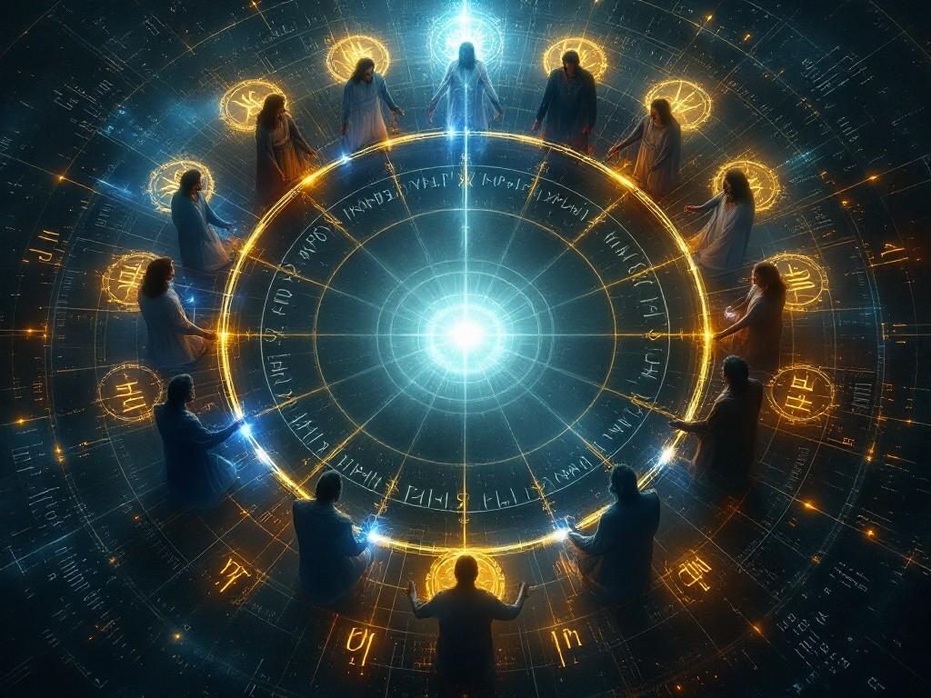 The Twelve Disciples arranged in a geometric circle, each transformed by their domain of order, glowing with mathematical equations and surrounded by their elements (architecture, music, nature, etc.). In the center, an empty void representing the Unnamed. Style: Mystical, mathematical, geometric patterns, ethereal lighting.