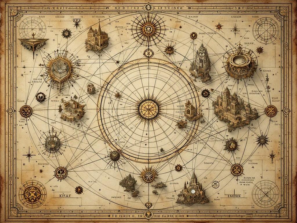 A grand mapping room showing interconnected locations of all twelve disciples, with geometric ley lines and mathematical formulas flowing between them. Style: Classic D&D world map with mathematical overlays, arcane annotations, and connection points marked with mystical symbols.