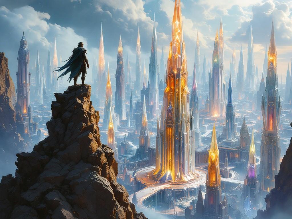 A dwarven crystal city transforming into pure geometry - crystal spires shifting and realigning, streets forming perfect patterns, buildings moving like living equations. Marcus Stoneweaver stands atop his tower, partly crystalline himself. Style: Fantasy architecture meets cosmic horror, geometric patterns overlaying crystal structures, impossible angles.