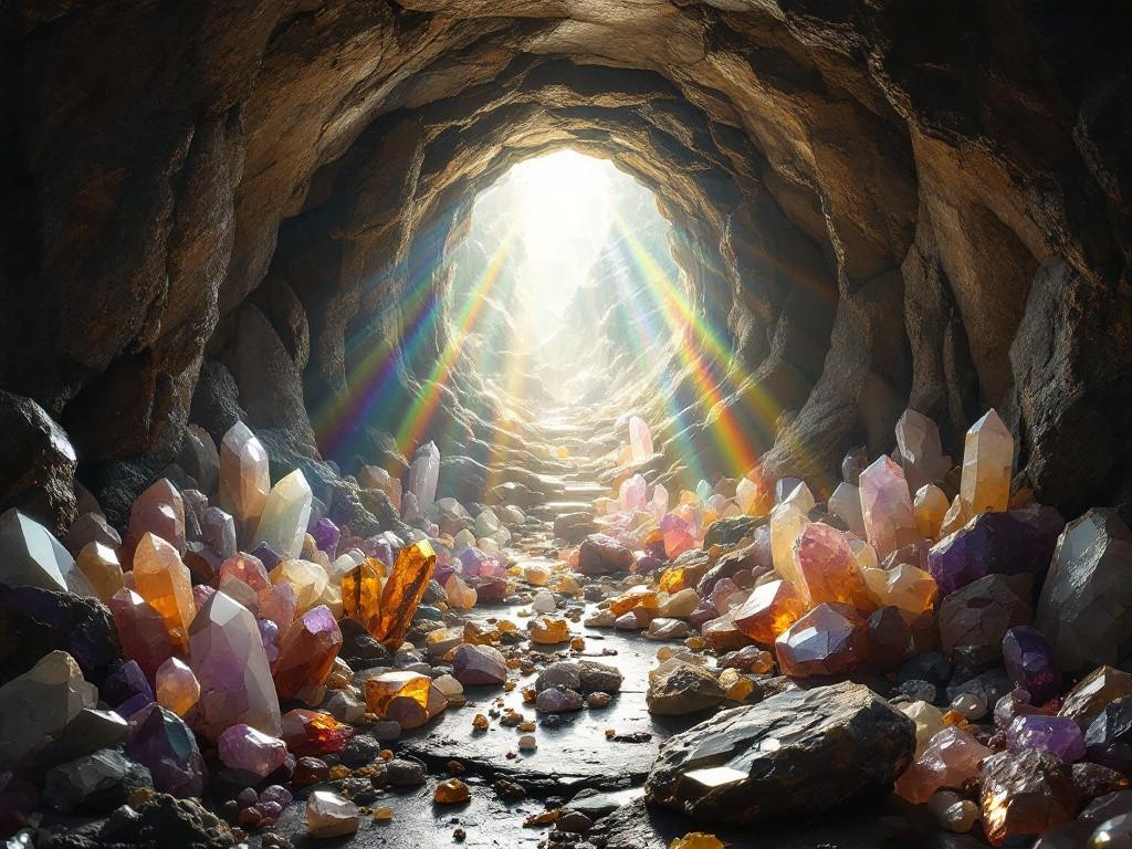 A hidden vault filled with naturally formed crystals and rough-cut gems, their organic beauty contrasting sharply with the perfect geometry visible through a window. Light refracts through the crystals creating random rainbow patterns. Style: Fantasy treasury meets natural geology, emphasis on organic shapes versus geometric perfection.