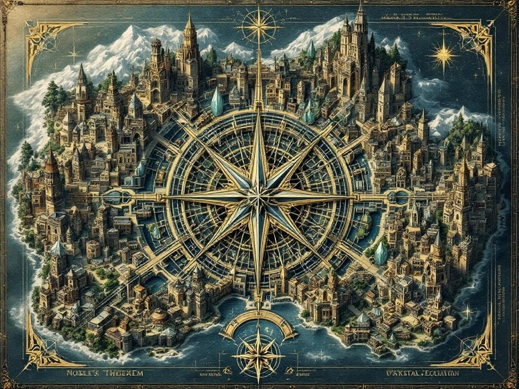 Crystalspire city map showing the four districts (Noble’s Theorem, Merchant’s Formula, Worker’s Equation, Crystal Solution), with geometric patterns overlaying traditional dwarven architecture. Include crystal growth patterns, mathematical ley lines, and perfect geometric shapes. Style: Dwarven engineering drawings meet eldritch mathematics, featuring crystalline formations and architectural calculations. Compass rose made of crystal shards forming perfect angles.