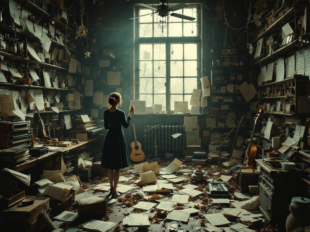 An old music school basement filled with chaotic sheet music and traditional instruments, while through the window perfect geometric sound patterns try to invade. Marina teaches the lullaby to resistors. Style: Warm, emotional musical setting contrasting with cold mathematical patterns.