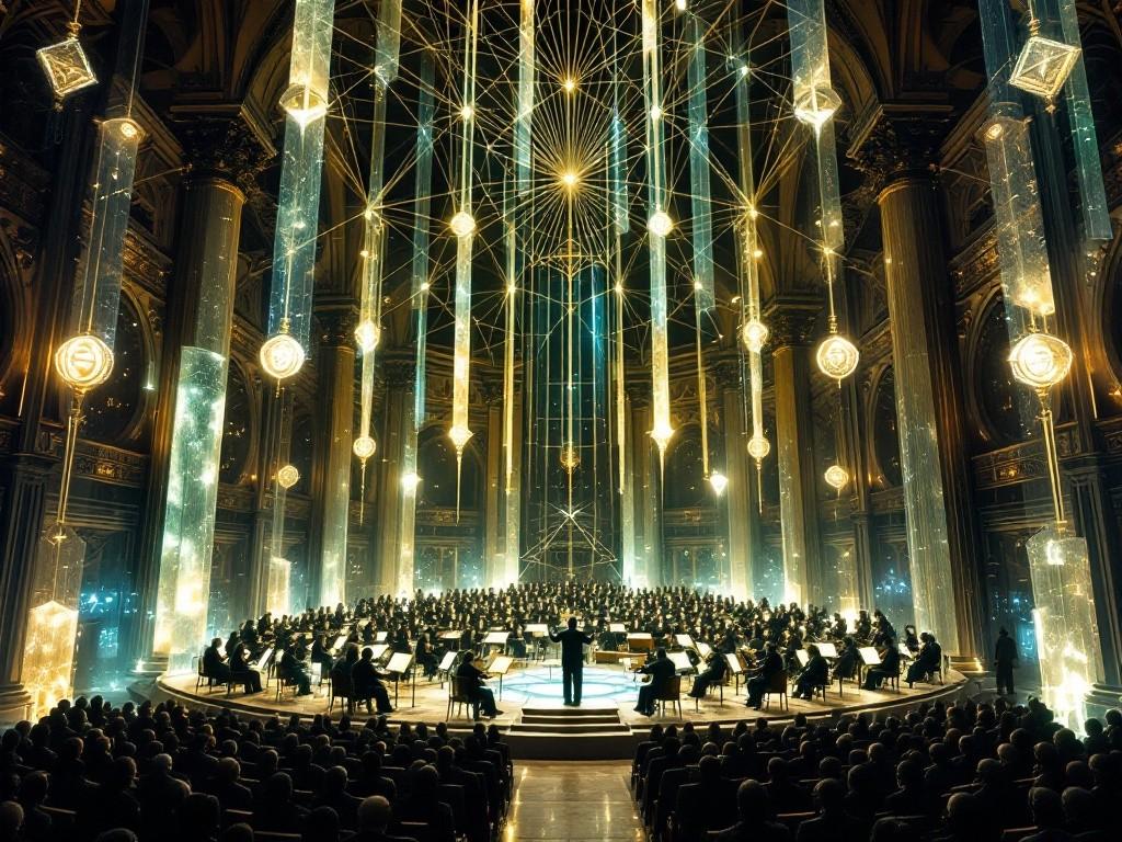 A grand concert hall with impossible geometric patterns of visible sound waves flowing through the air. Symphony conducts an orchestra of blank-faced musicians while the audience sits in perfect mathematical formations. Style: Gothic horror meets music visualization, with crystalline structures and mathematical symbols floating in the air.