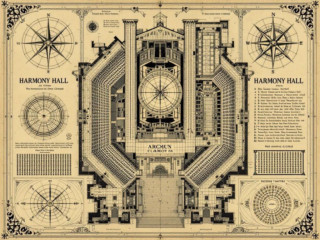 Harmony Hall’s architectural layout showing the main concert hall, resonance chamber, and hidden music school. Include sound wave patterns, frequency matrices, and geometric audience arrangements. Style: Classical theater blueprints meet eldritch mathematics, featuring musical notation transformed into geometric patterns. Compass rose made of interweaving sound waves.