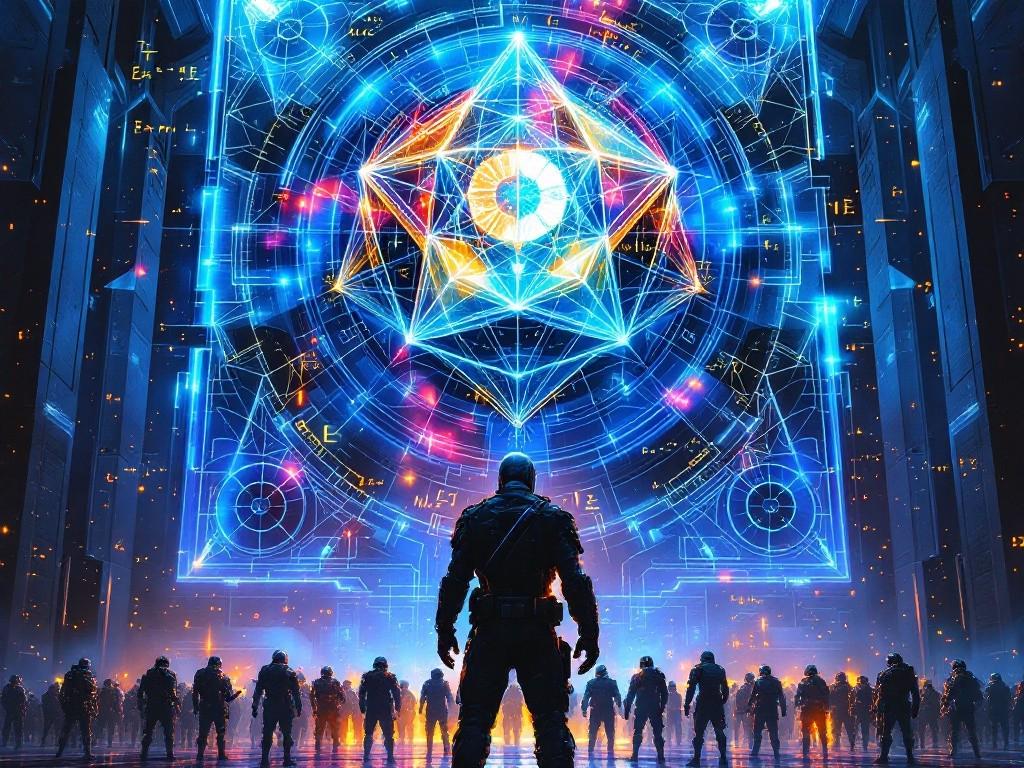 Commander Steel standing before massive crystalline tactical displays, their diagonal scar glowing against perfect geometric battle plans. Living equations float through the air while mechanical soldiers move in precise formations below. Style: Military sci-fi meets eldritch horror, with mathematical symbols and battle formations creating impossible patterns.