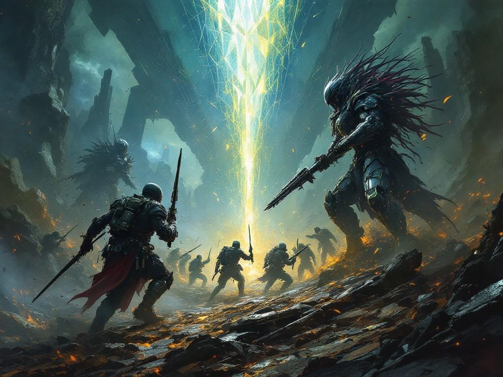 The clash between Sergeant Chaos’s guerrilla forces and the Perfect Legion, where organic, chaotic combat meets geometric precision on a battlefield divided between shadow and mathematical light. Style: Dynamic battle scene with contrasting visual elements of order and chaos.