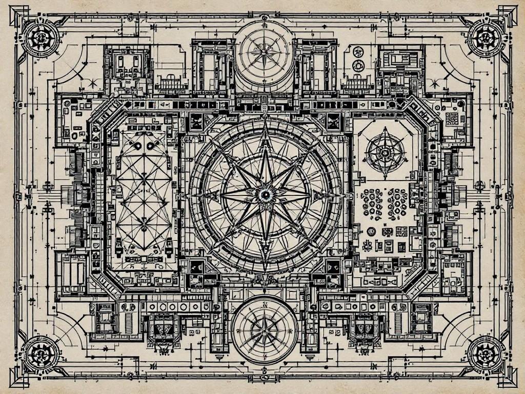 The Strategic Citadel’s layout featuring the war room, training grounds, and hidden sanctuary. Include geometric battle formations, tactical calculation engines, and perfect drill patterns. Style: Military blueprint meets arcane mathematics, with formation diagrams transformed into eldritch patterns. Compass rose made of crossing sword patterns.