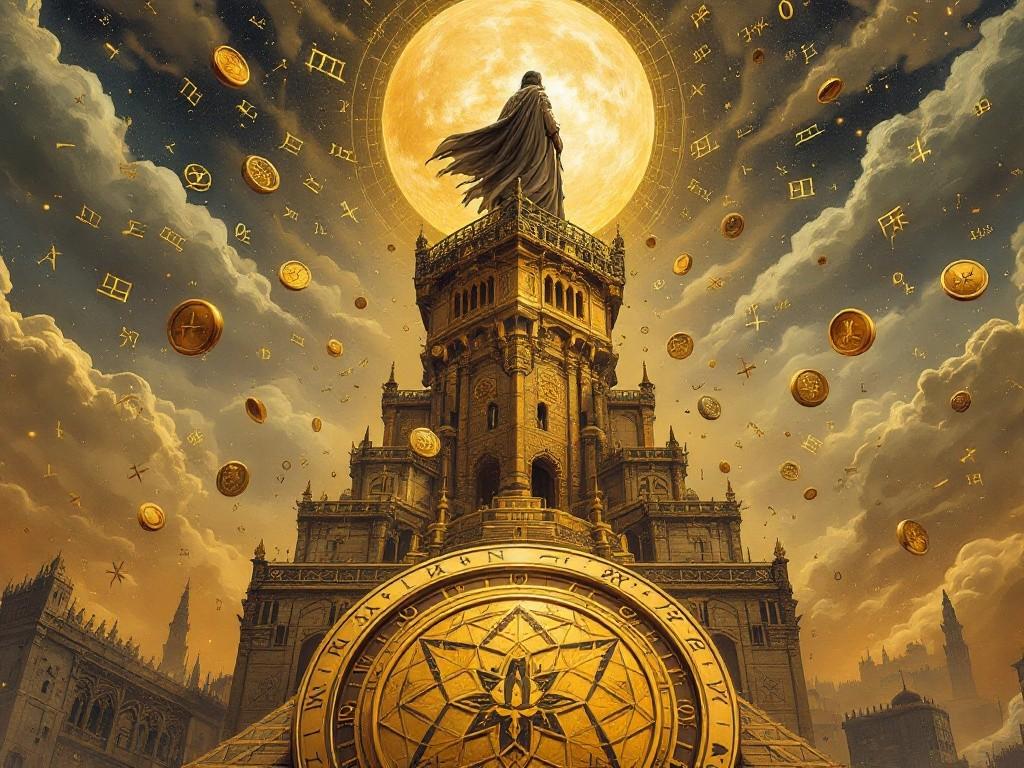 Karim Al-Safi standing atop his counting house, surrounded by floating golden mathematical equations and trade matrices, while below the market moves in perfect geometric patterns. A single copper coin spins defiantly in the foreground. Style: Arabian Nights meets cosmic horror, with mathematical symbols creating impossible market patterns.