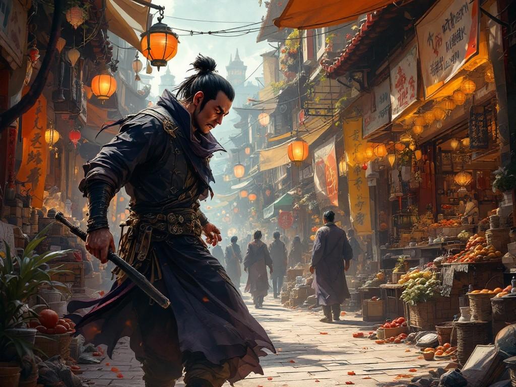 The confrontation between Old Gambler Jin’s chaotic marketplace and the Pattern Merchants, where organic, vibrant trading meets cold mathematical precision in a bazaar divided between warmth and calculated emptiness. Style: Dynamic market scene with contrasting elements of human commerce and inhuman perfection.