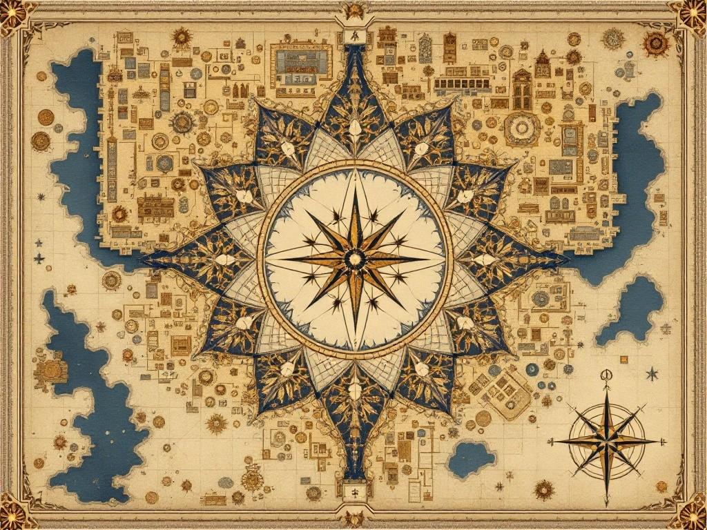 The Golden Maze’s layout featuring the market, counting house, and copper vault. Include trade flow patterns, calculation nodes, and perfect exchange points. Style: Arabian marketplace blueprint meets cosmic mathematics, with bazaar layouts transformed into eldritch patterns. Compass rose made of intersecting coin patterns.