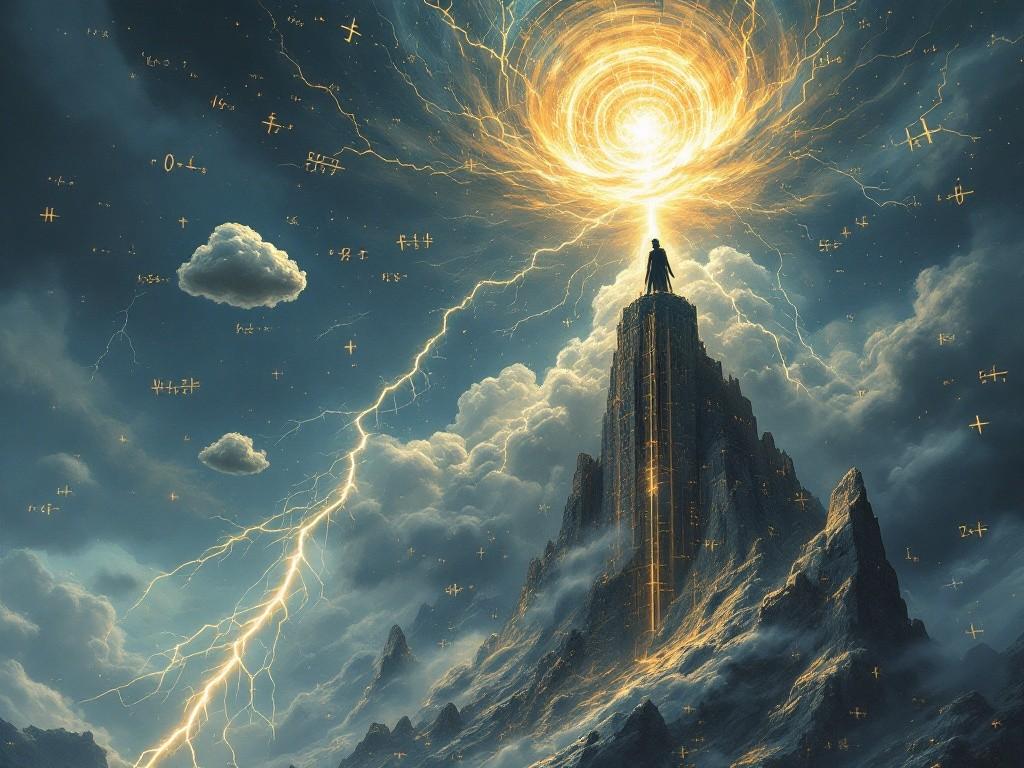 Tempest atop the Weather Spire, surrounded by floating atmospheric equations and storm matrices, while perfect geometric lightning strikes below. A single playful cloud dances defiantly in the background. Style: Scientific weather illustrations meet cosmic horror, with mathematical symbols creating impossible atmospheric patterns.