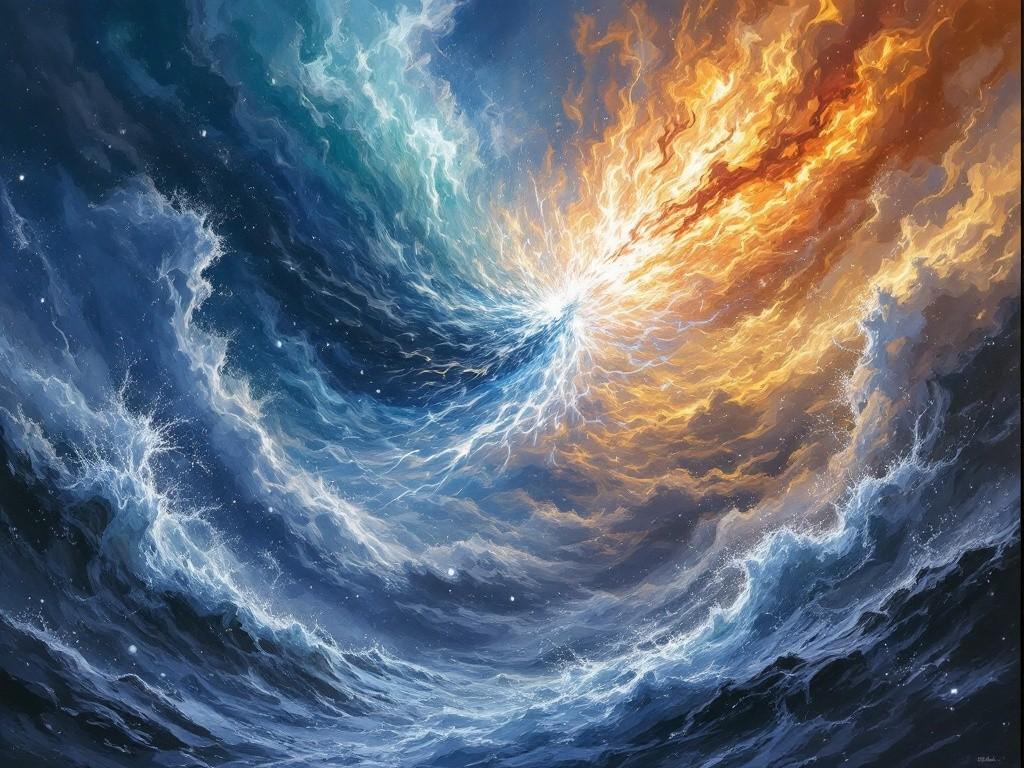 The confrontation between Elder Stormcaller’s wild tempest and the Pattern Storms, where natural weather meets cold mathematical precision in skies divided between chaos and calculated existence. Style: Dynamic storm scene with contrasting elements of natural weather and artificial perfection.