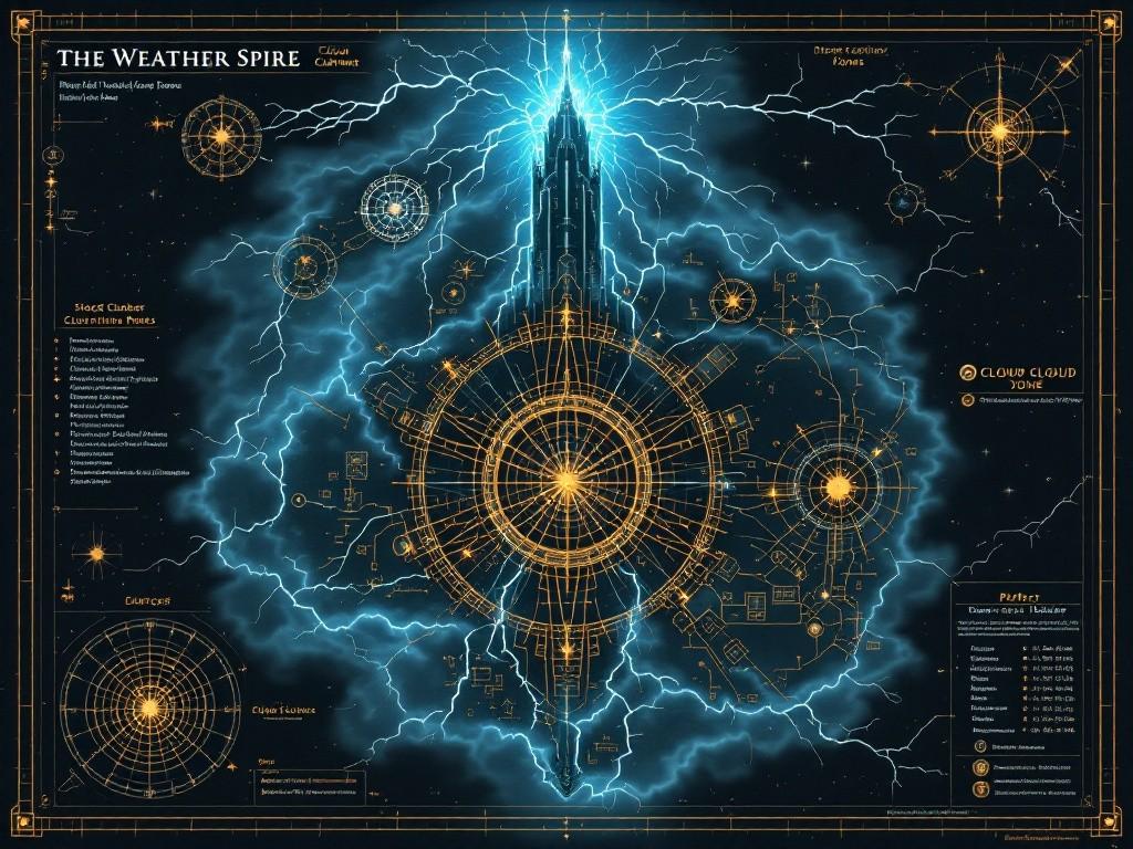 The Weather Spire’s layout featuring the main tower, cloud chamber, and rogue cloud zone. Include storm pattern flows, calculation nodes, and perfect pressure points. Style: Meteorological blueprint meets cosmic mathematics, with weather systems transformed into eldritch patterns. Compass rose made of intersecting lightning bolts.
