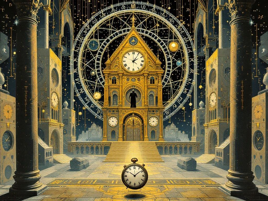 Master Chronos in the Clockwork Citadel, surrounded by floating temporal equations and time matrices, while perfect geometric clocks tick below. A single pocket watch runs backwards defiantly in the foreground. Style: Victorian clockwork illustrations meet cosmic horror, with mathematical symbols creating impossible temporal patterns.