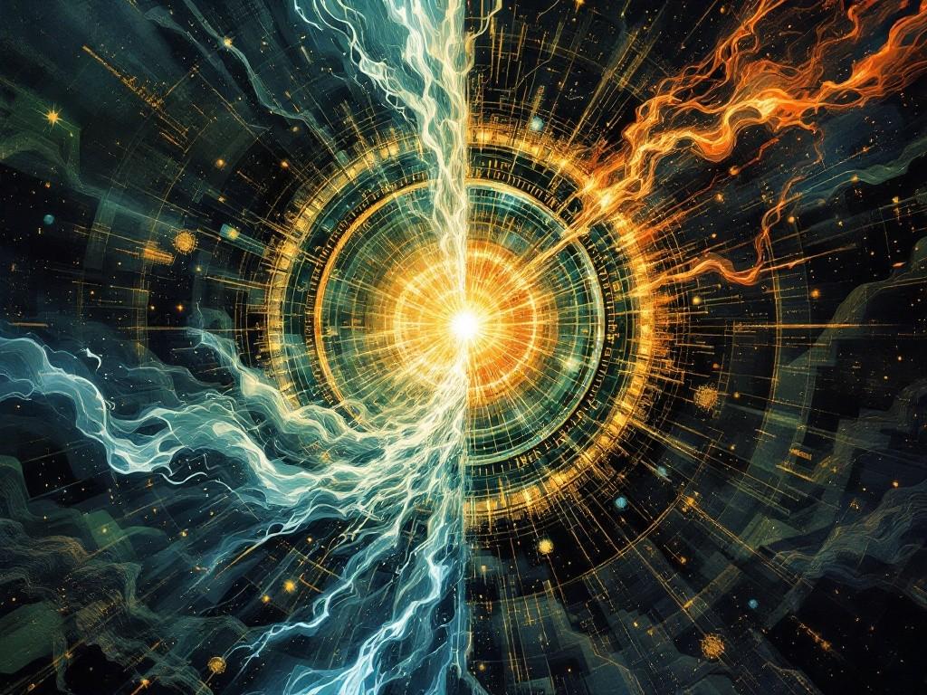 The battle between The Time Keeper’s natural flow and the Pattern Time, where organic temporal progression meets cold mathematical precision in a chamber divided between chaos and calculated existence. Style: Dynamic temporal scene with contrasting elements of natural time and artificial perfection.