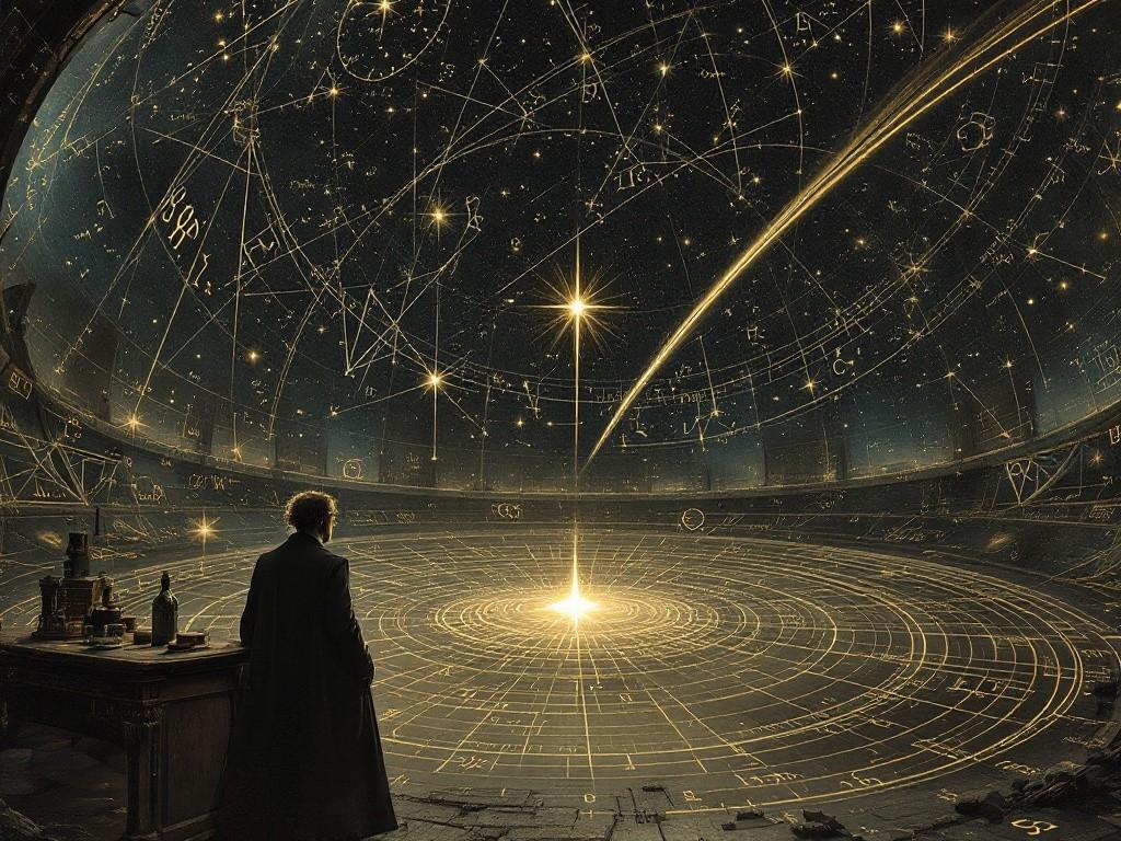 Professor Stella in the Celestial Observatory, surrounded by floating astronomical equations and star matrices, while perfect geometric constellations rotate below. A single wild star streaks defiantly across the background. Style: Victorian astronomical illustrations meet cosmic horror, with mathematical symbols creating impossible stellar patterns.