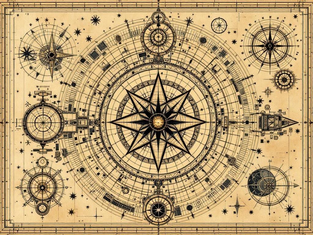 The Celestial Observatory’s layout featuring the main dome, calculation chamber, and wandering star zone. Include star pattern flows, calculation nodes, and perfect orbital points. Style: Astronomical blueprint meets cosmic mathematics, with celestial systems transformed into eldritch patterns. Compass rose made of intersecting telescope sights.
