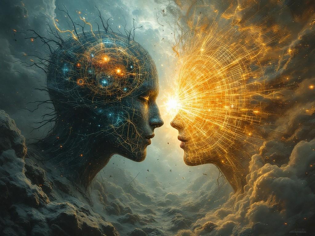 The battle between The Dream Keeper’s natural consciousness and Pattern Thought, where organic mental processes meet cold mathematical precision in a mindscape divided between chaos and calculated existence. Style: Dynamic mental scene with contrasting elements of natural thought and artificial perfection.