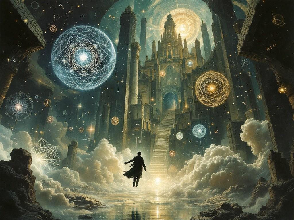 Doctor Logos in the Rational Citadel, surrounded by floating logical equations and consciousness matrices, while perfect geometric thoughts rotate below. A single wild dream flows defiantly through the background. Style: Victorian philosophical illustrations meet cosmic horror, with mathematical symbols creating impossible mental patterns.