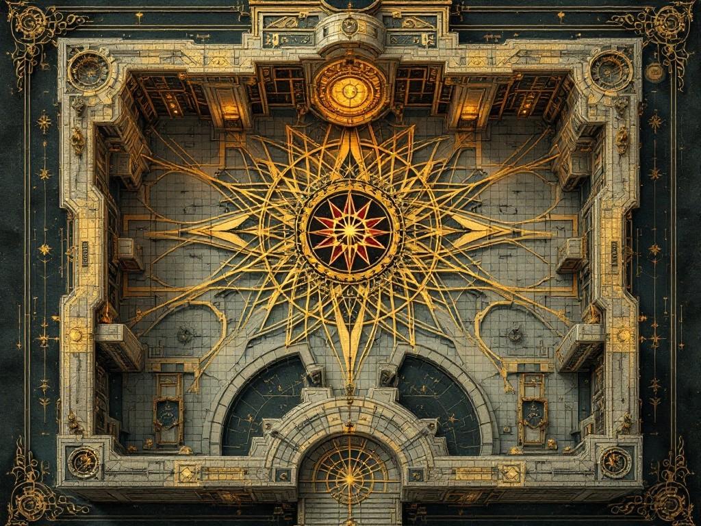 The Rational Citadel’s layout featuring the main chamber, logic sanctum, and wild dream zone. Include thought pattern flows, calculation nodes, and perfect reasoning points. Style: Philosophical blueprint meets cosmic mathematics, with consciousness systems transformed into eldritch patterns. Compass rose made of intersecting synaptic paths.