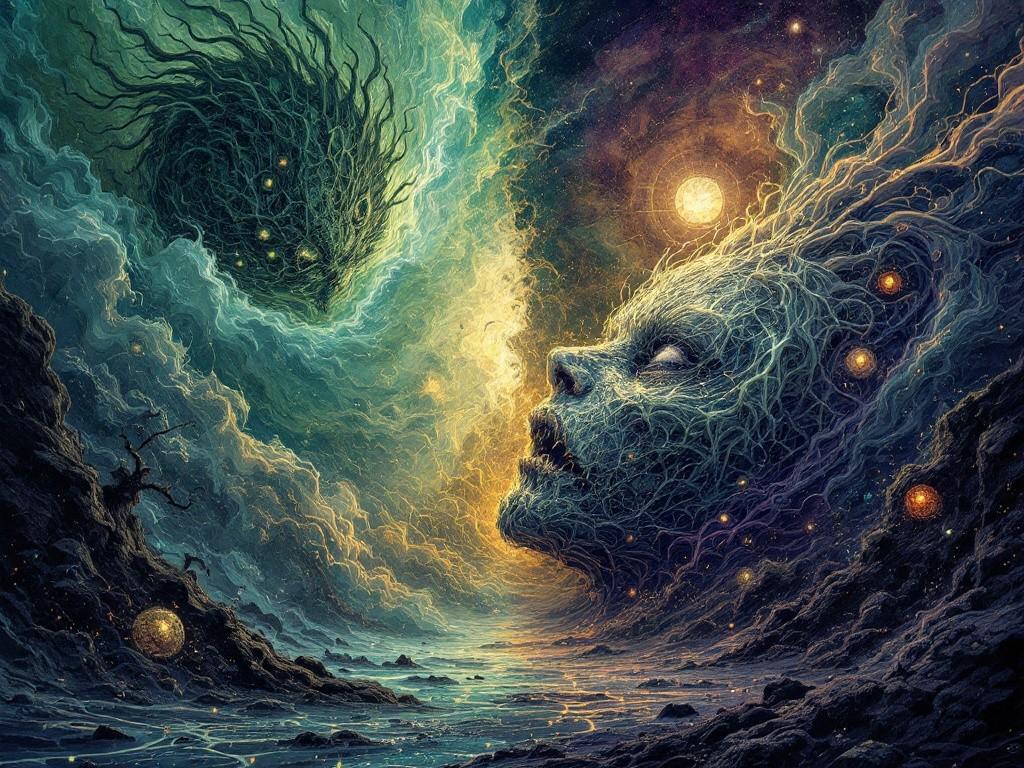 The battle between The Nightmare Sage’s natural dreams and Pattern Sleep, where organic visions meet cold mathematical precision in a dreamscape divided between chaos and calculated existence. Style: Dynamic nightmare scene with contrasting elements of natural dreams and artificial perfection.