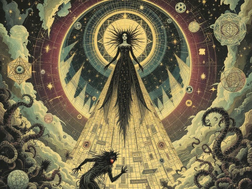 Madame Morpheus in the Dream Spire, surrounded by floating sleep equations and nightmare matrices, while perfect geometric visions rotate below. A single wild nightmare writhes defiantly through the background. Style: Victorian dream illustrations meet cosmic horror, with mathematical symbols creating impossible sleep patterns.