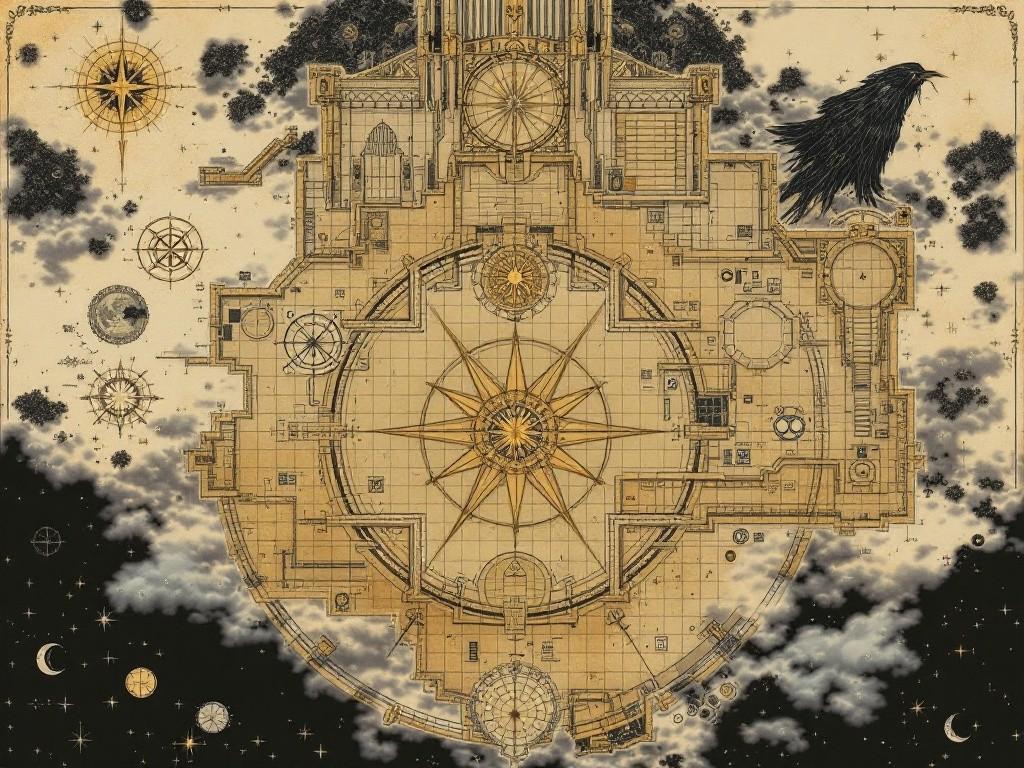 The Dream Spire’s layout featuring the main chamber, slumber sanctum, and wild nightmare zone. Include dream pattern flows, calculation nodes, and perfect vision points. Style: Dreamscape blueprint meets cosmic mathematics, with sleep systems transformed into eldritch patterns. Compass rose made of intersecting moonbeams and starlight.