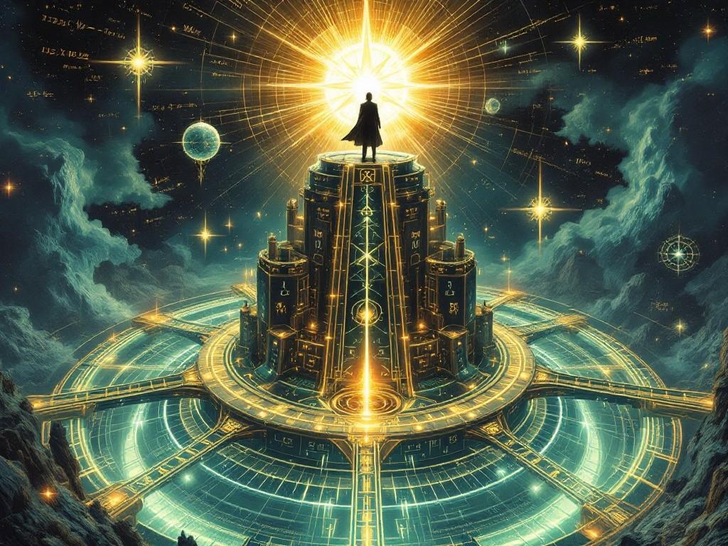 The Grand Navigator stands atop the Path Citadel, surrounded by glowing mathematical equations and floating compass roses, while perfect geometric routes rotate below. A single wild path cuts defiantly through the calculated patterns. Style: Technical illustrations meet cosmic horror, with navigation symbols forming impossible path matrices.