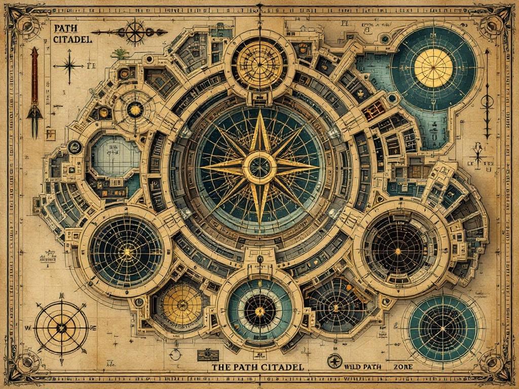 The Path Citadel’s architecture featuring the main chamber, navigation sanctum, and wild path zone. Include route pattern flows, calculation nodes, and perfect path points. Style: Technical blueprint meets eldritch geometry, with navigation systems transformed into cosmic patterns. Compass rose made of mathematical symbols and starlight equations.