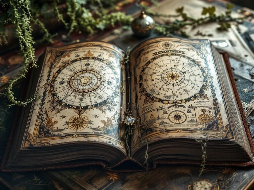 A richly detailed antique leather-bound tome lying open on a Victorian desk, its pages showing arcane diagrams, star charts, and plantation maps. Tendrils of cosmic energy weave through the illustrations, while Spanish moss and mystical symbols frame the edges. Style: Victorian scientific illustration meets eldritch grimoire, with detailed pen and ink work enhanced by supernatural elements.