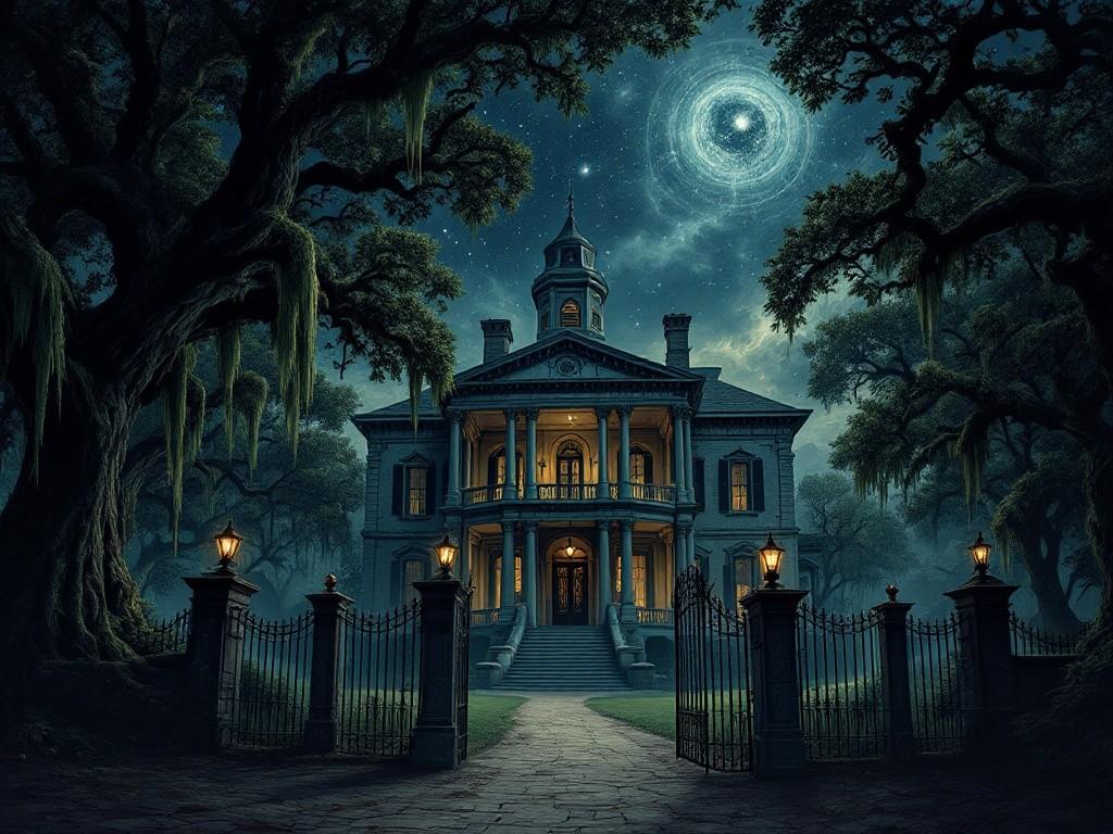 A majestic but foreboding Southern plantation mansion beneath a strange night sky where stars form unsettling patterns. Spanish moss drapes ancient oaks, while a path leads through wrought iron gates. The scene combines antebellum architecture with cosmic horror elements - reality seems to warp slightly at the edges. Style: Detailed architectural illustration meets dark fantasy, atmospheric lighting with an otherworldly quality.