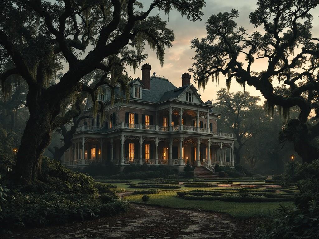A grand antebellum plantation mansion at twilight, Spanish moss draped over ancient oaks. Strange geometric patterns in the overgrown gardens, while impossible shadows move across the wraparound veranda. The sky shows subtle cosmic anomalies. Style: Southern Gothic meets cosmic horror, photo-realistic with supernatural elements.