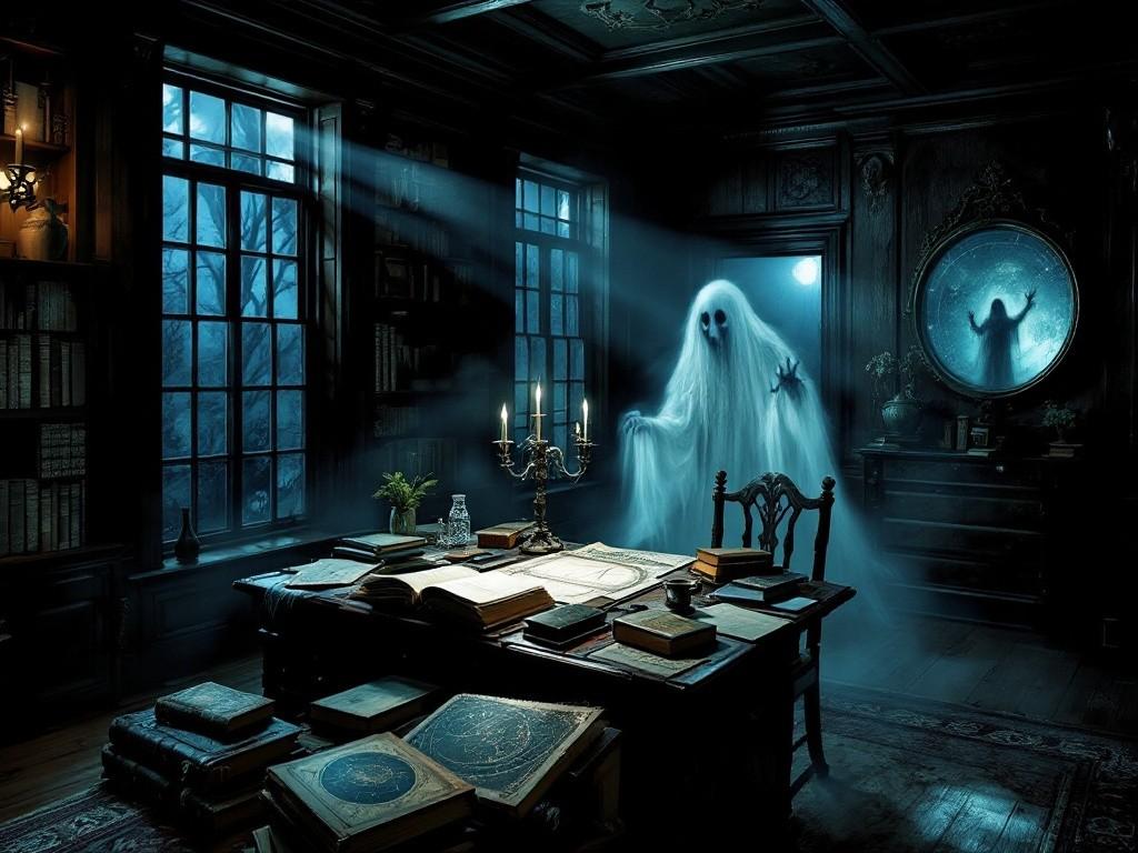 The plantation’s study at night, moonlight streaming through windows. Ancient books and star charts scattered across a Victorian desk, while strange shadows dance on wood-paneled walls. A ghostly figure appears in a mirror. Style: Atmospheric interior scene with supernatural elements, detailed architectural features.