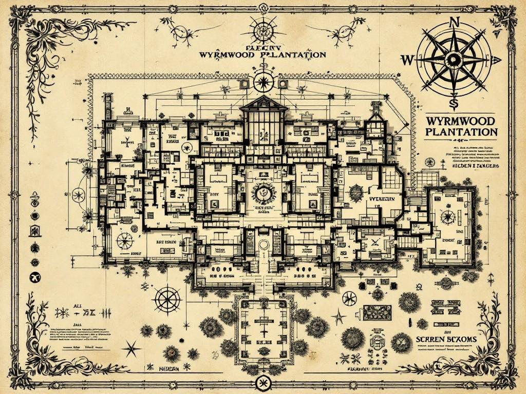 Detailed architectural blueprint of Wyrmwood Plantation showing all three floors, grounds, and hidden spaces. Include ritual geometry patterns, secret passages, and anomalous areas. Style: Victorian-era technical drawing with eldritch elements, featuring compass rose with cosmic symbols and decorative Spanish moss borders. Architectural details show subtle wrongness in geometry.