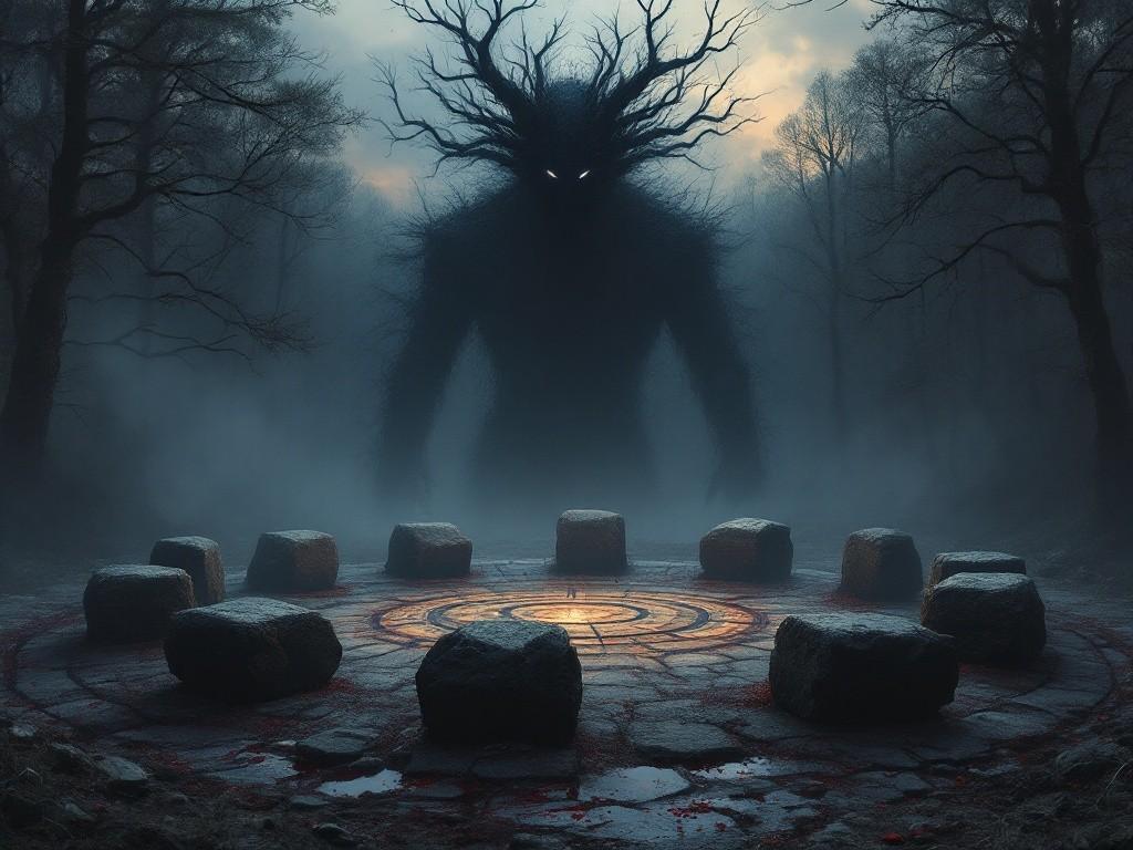 An ancient stone circle in a misty forest clearing at twilight, with fresh blood glistening on the stones. Reality visibly warps around the edges, while a partially manifested cosmic entity composed of shadows and strange geometries looms above. Style: Cosmic horror meets dark fantasy, photorealistic with supernatural distortion effects.
