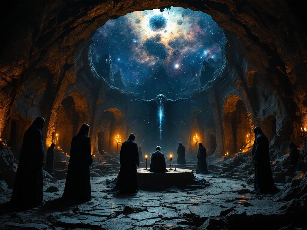 A dimly lit underground ritual chamber beneath an abandoned cottage, with cultists in period-appropriate robes conducting a ceremony. Tommy is bound to an altar while reality tears open above, revealing impossible cosmic vistas. Style: Gothic horror meets cosmic terror, dramatic lighting with architectural details.