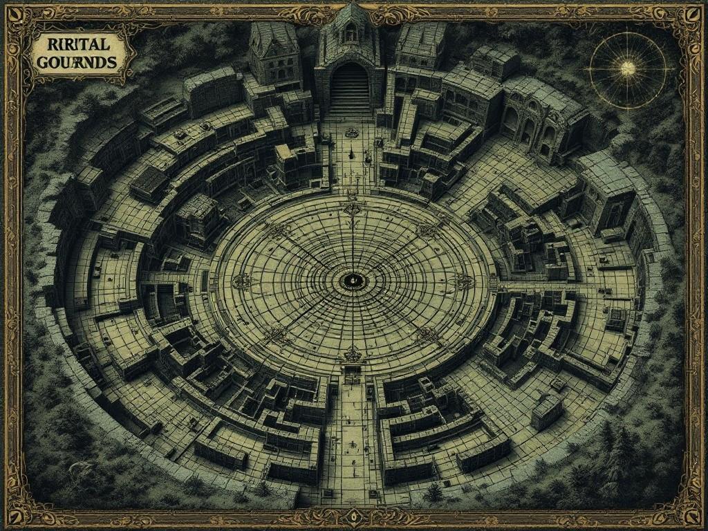 MAP: Detailed topographical map of the ritual grounds showing the standing stone circle, abandoned cottages, and underground chambers. Include eldritch geometric patterns, reality distortion zones, and hidden passages. Style: Victorian archaeological survey meets cosmic horror, with tentacle-like border decorations and impossible angles in the architecture. Include symbols indicating reality warps and entity manifestation points.