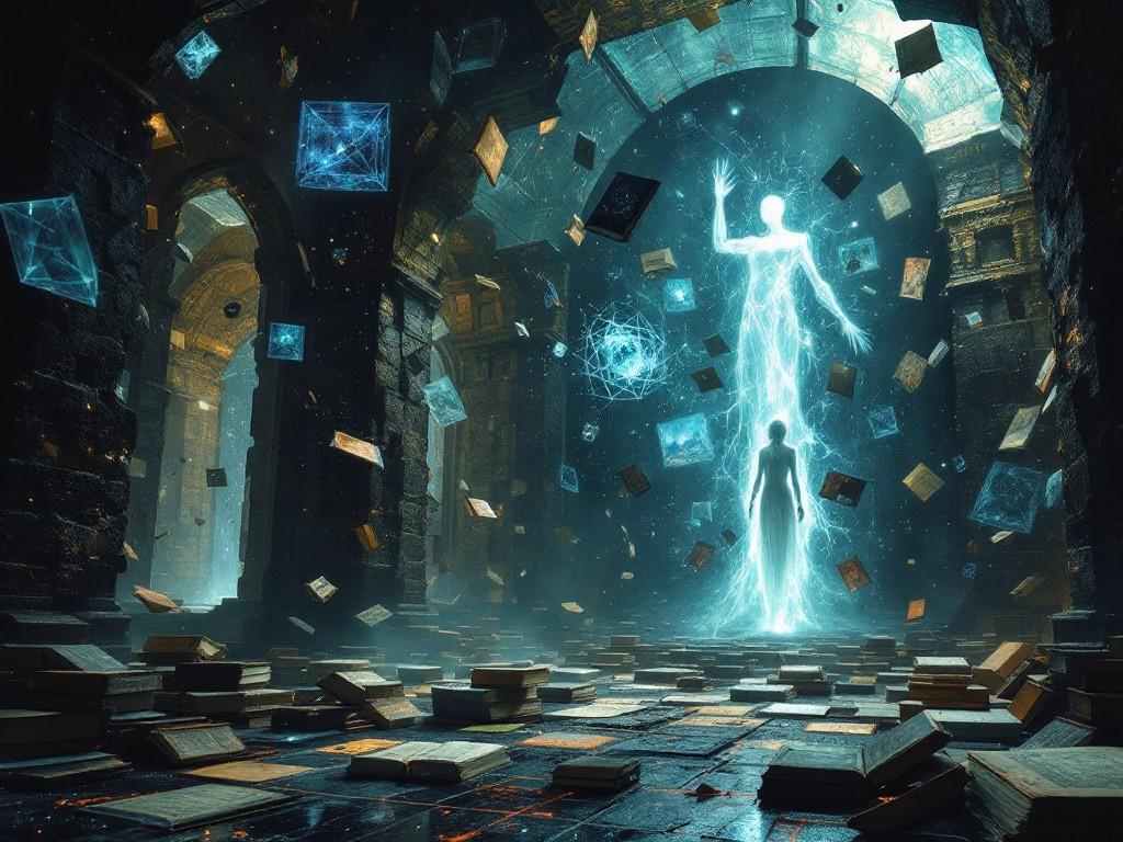 The living archive chamber with floating geometric patterns, self-writing books, and the translucent form of the Archival Spirit emerging from the walls. Reality tears visible in the background reveal cosmic vistas. Style: Victorian gothic meets cosmic horror, with emphasis on supernatural lighting and impossible physics.
