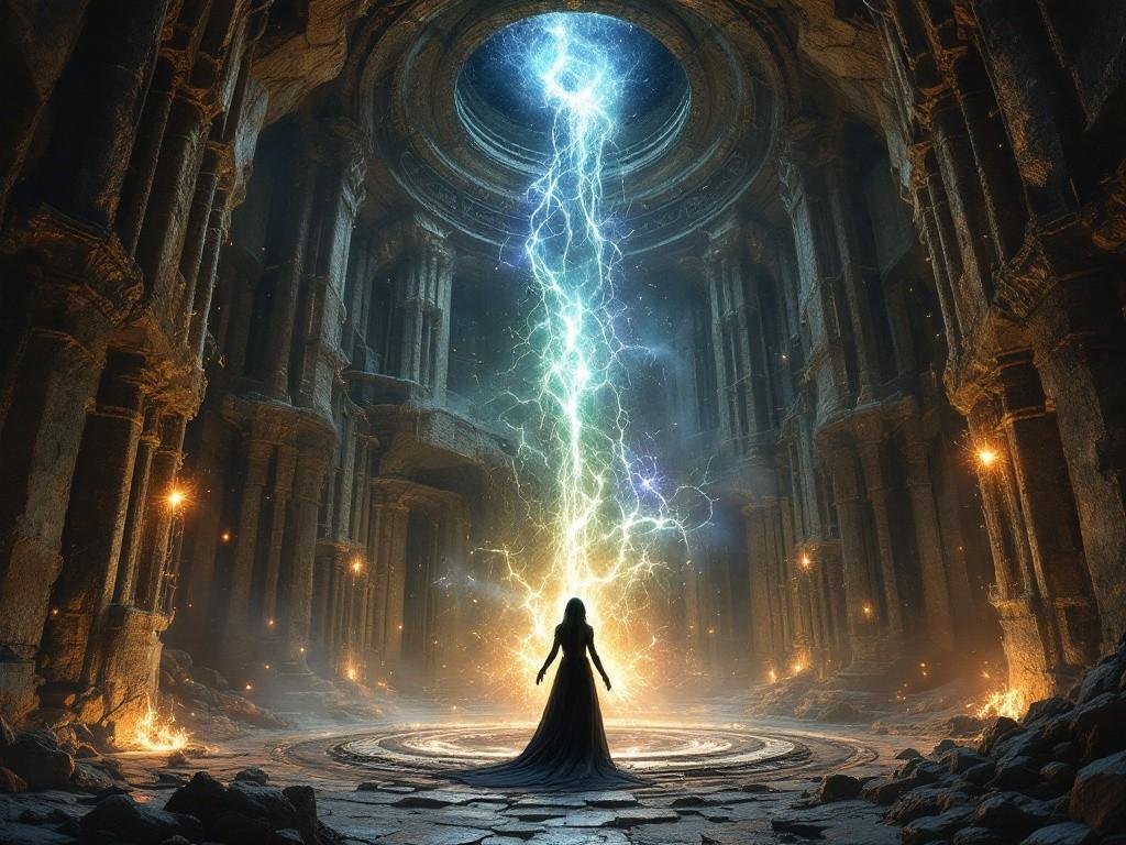 A massive underground temple chamber with impossible architecture, where reality visibly warps and bends. Cosmic energy crackles around a partially transformed Moira Blackwood as she conducts a ritual. Style: Dark fantasy meets cosmic horror, with architectural impossibilities and organic transformations.
