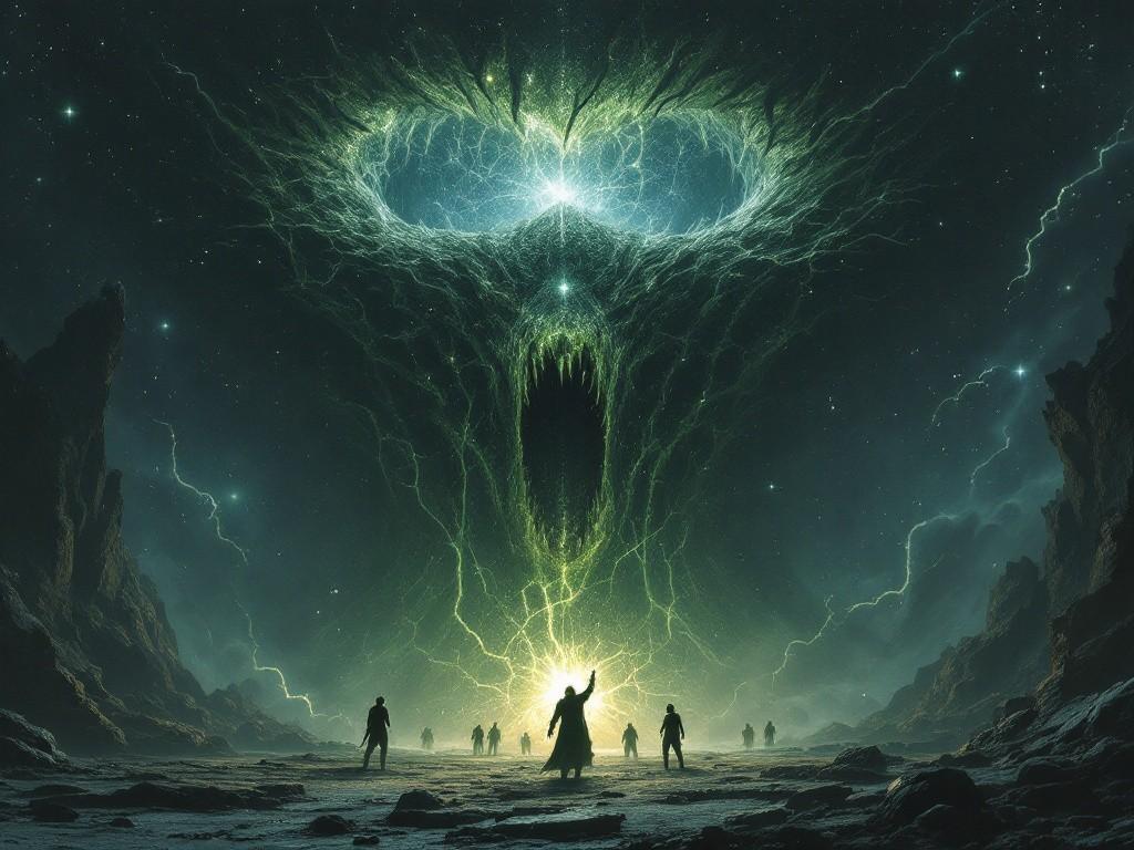 The climactic final battle against the Unnamed One, a massive, non-Euclidean cosmic horror emerging from a tear in reality. Reality warps around it while investigators struggle against its cosmic powers. Stars visible in daylight twist in impossible patterns overhead. Style: Cosmic horror meets dark fantasy, with impossible geometry and reality-bending effects.