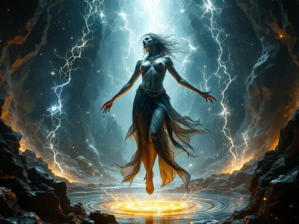 Transformed Moira floating in the manifestation chamber, her form shifting between states as cosmic energy crackles around her. Reality fragments visible in the background, showing glimpses of other dimensions. Style: Dark fantasy meets body horror, with emphasis on transformation and cosmic power.